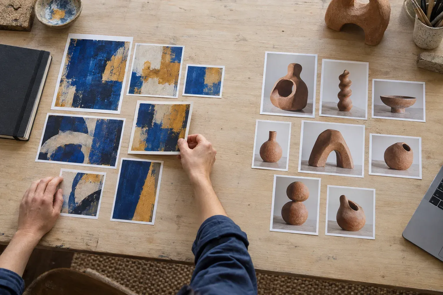Artist arranging photographs of paintings and ceramic sculptures into two separate collections