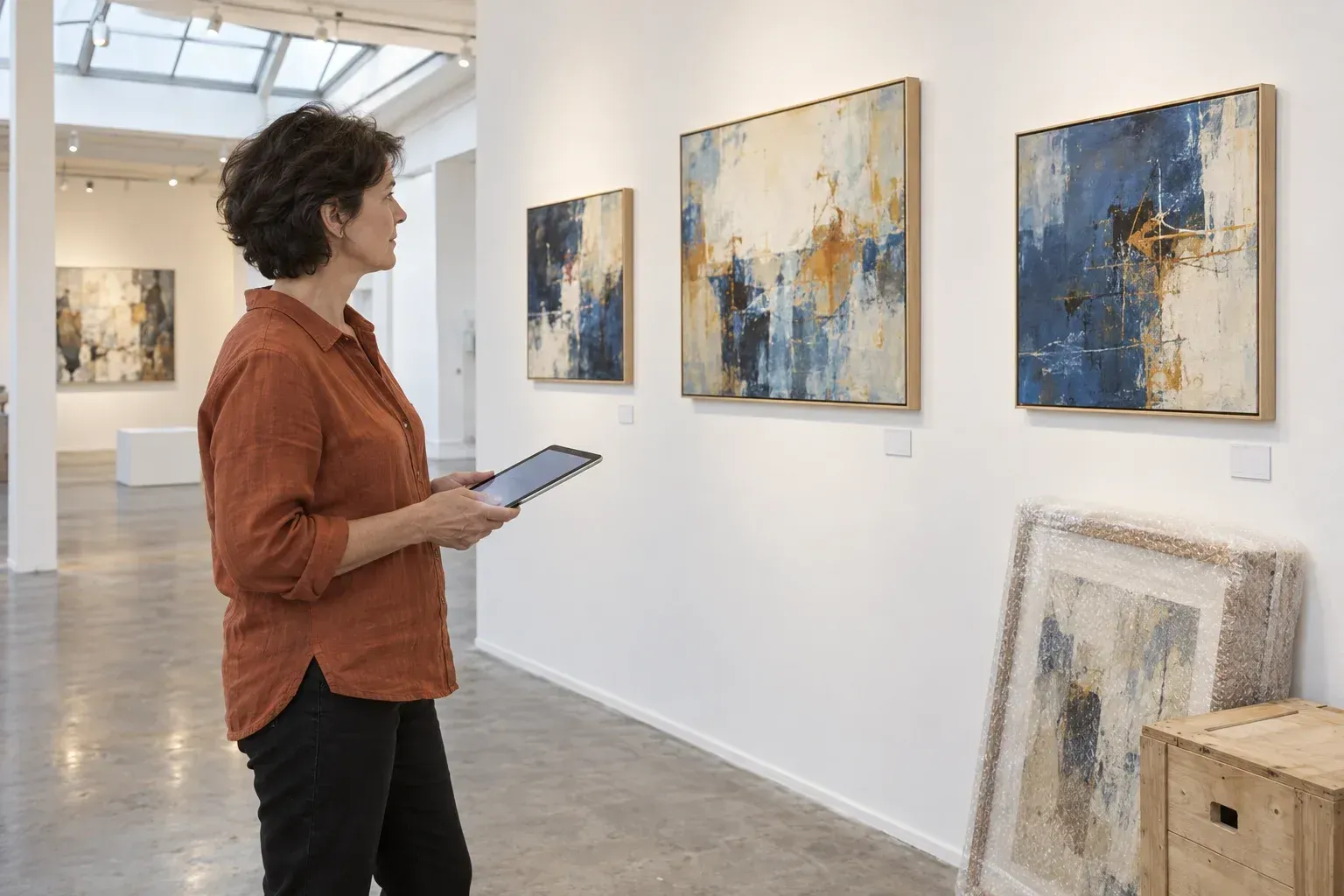 Artist checking a tablet beside paintings being prepared for an exhibition