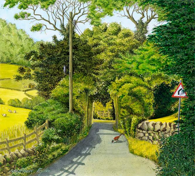 Landscape painting by Matthew Eyles showing a country lane between green hedges and stone walls.