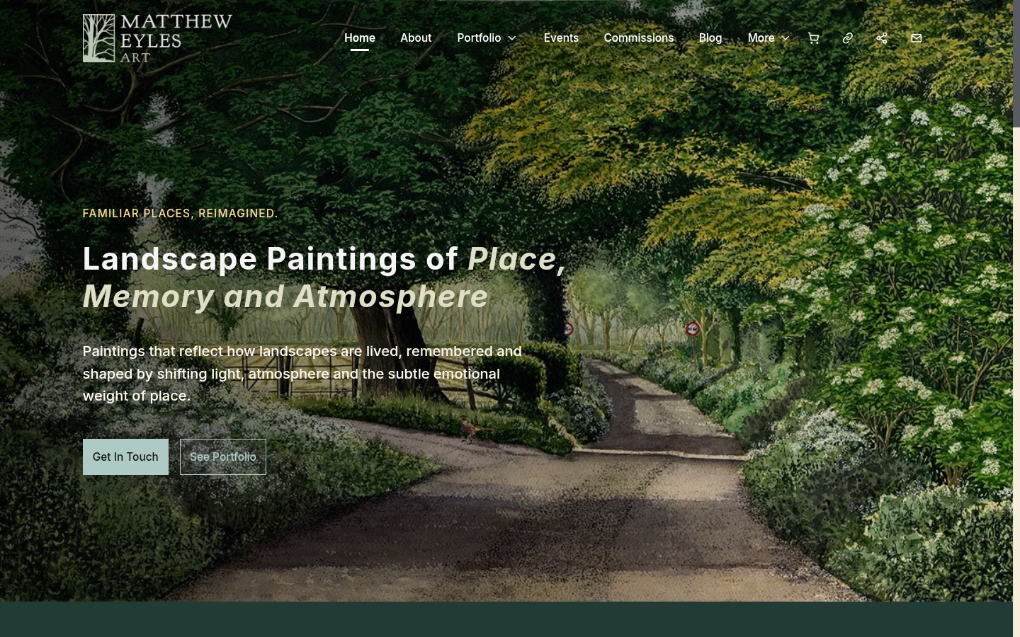 Desktop homepage of Matthew Eyles’s artist website.