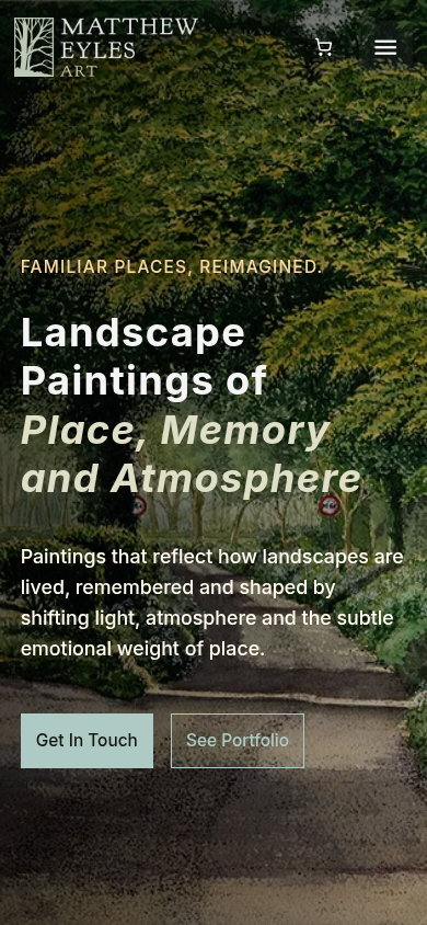 Mobile homepage of Matthew Eyles’s artist website.