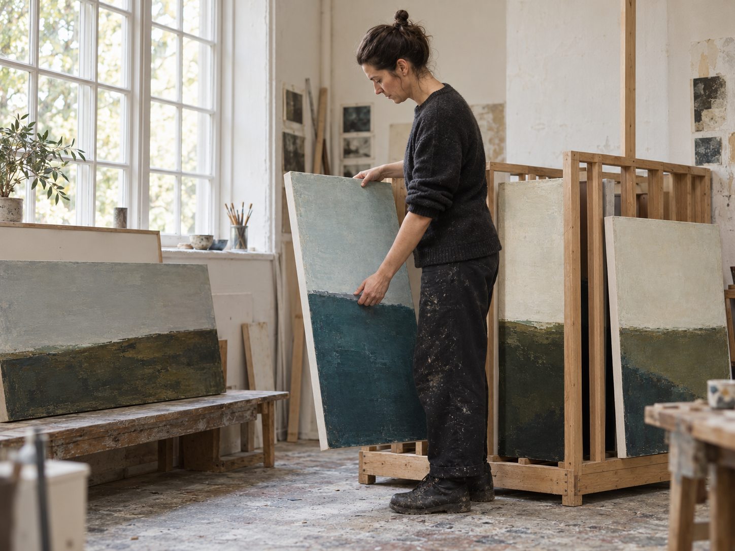 Painter arranging canvases into different bodies of work in her studio