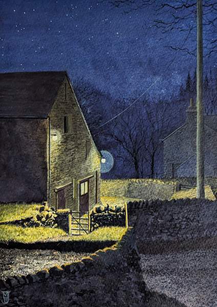 Grange Farm - a Nocturne - original landscape painting by Matthew Eyles showing a farmyard at night, 