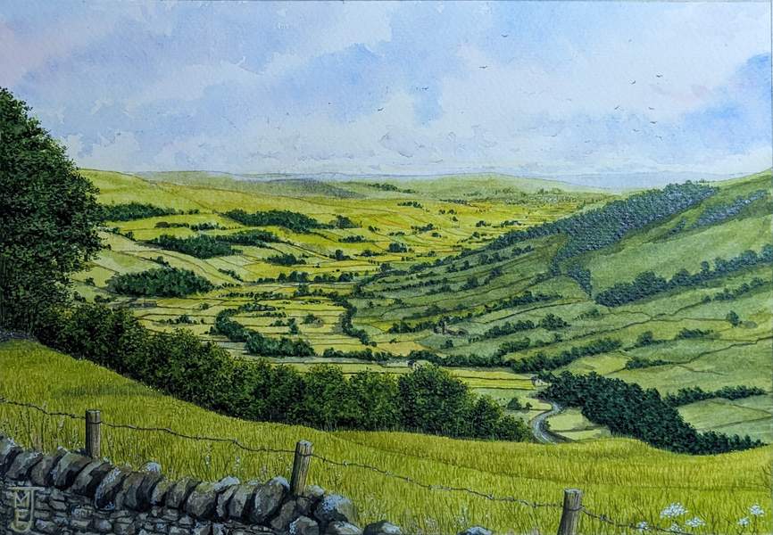 An original painting by Matthew Eyles showing a sunlit view of Bishopdale in Yorkshire