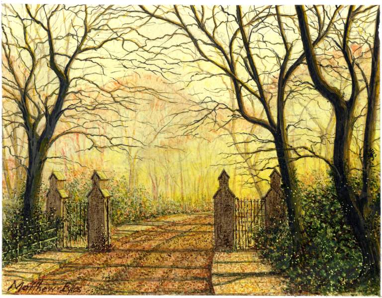 Autumn Twilight an original painting by Matthew Eyles showing gateposts on a lane in the twilight