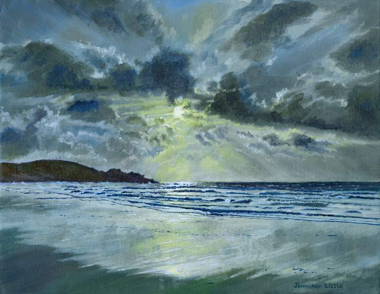 Original oil painting by Jonathan Little of a seascape. A Christmas Eve walk on Perranuthnoe Beach Cornwall. There is always something magical about being by the sea. The combination of cloud formations and light on a December evening offered a seascape that I wanted to capture.