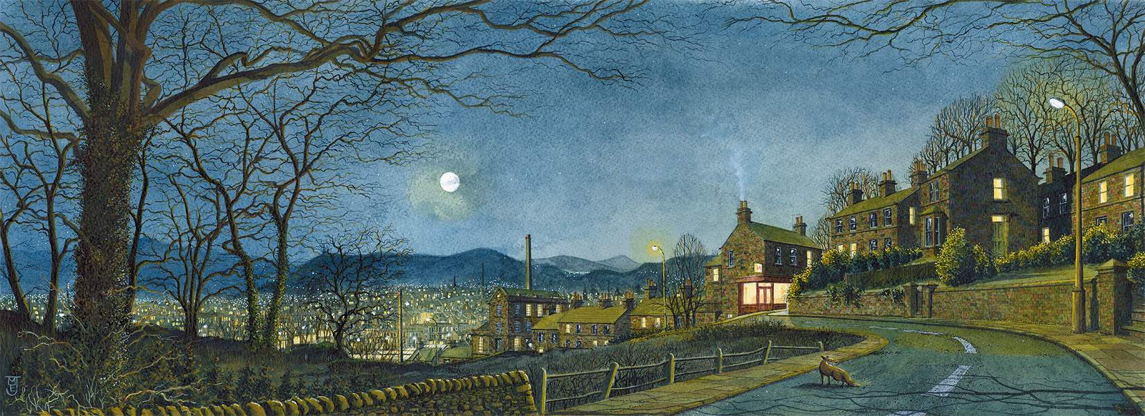 Coming Into Town on a December Evening an original painting by Matthew Eyles. 
