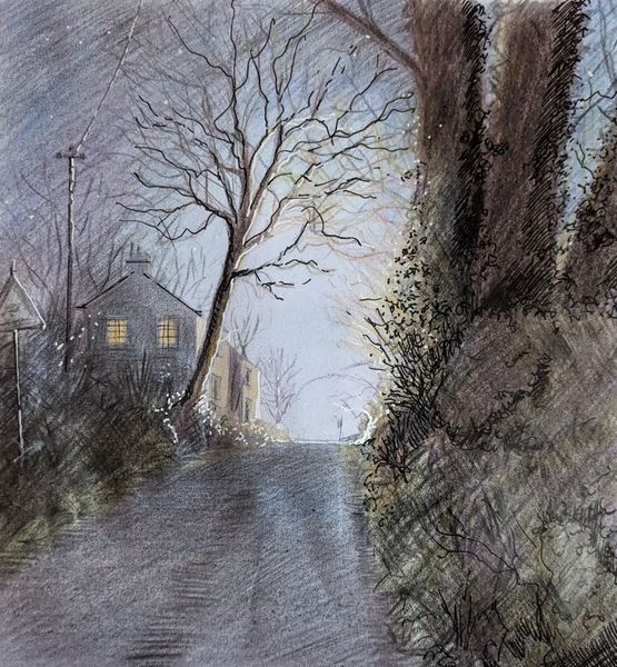 Flasby Top original landscape painting by Matthew Eyles. The painting shows car headlights at night with winter trees in the foreground