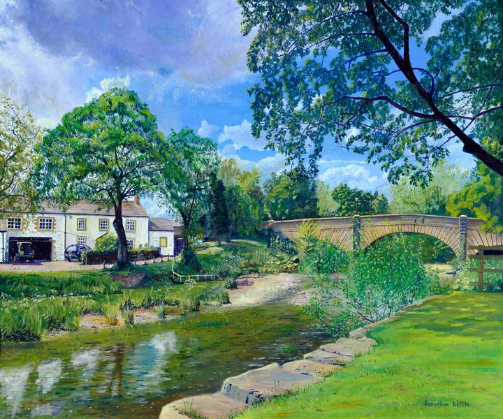 Gargrave Bridge was long listed in the SAA Artist of the Year 2023, Supporting All Artists. Gargrave Bridge is an original oil painting by Jonathan Little showing the River Aire flowing under Gargrave Bridge in Gargrave on a summers day with blue Skys and cloud formations with sunshine on the trees creating reflections in the flowing water under the bridge, with a willow trees, ash trees reflections in the water along with Yorkshire stone cottages. 