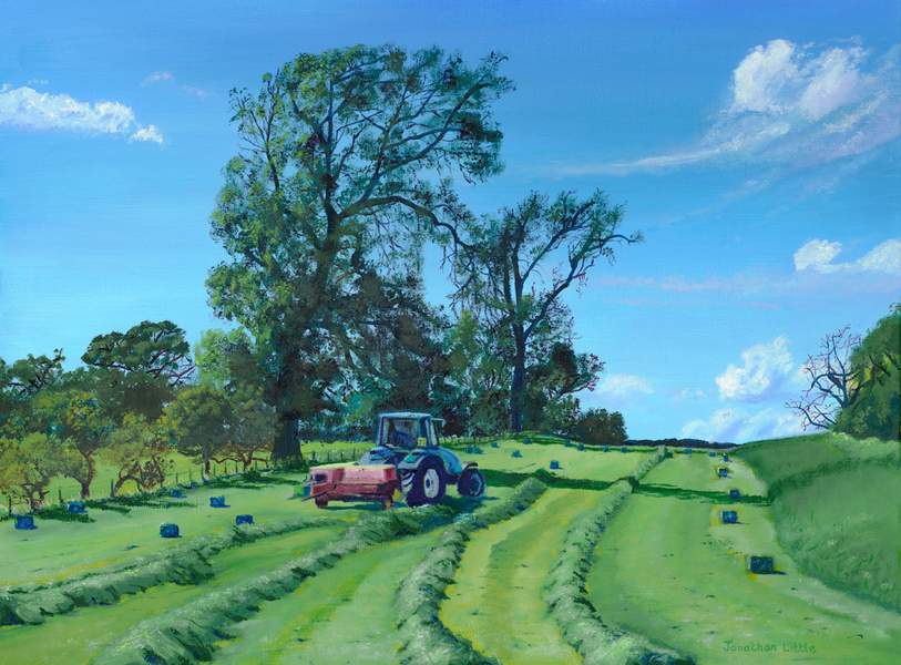 Original oil painting by Jonathan Little. A scene in the Yorkshire Dales showing a farmer with his tractor and baler, bailing up the hay in a field that had previously been cut when the grass had grown and there was a period of dry weather in summer to enable the harvest. The field is surrounded by trees and the sky was blue with just a few whispers of cloud. I was always fascinated with the labour intensive harvest time paintings over a century ago depicting farming and farming schemes. Hay baling today is a very different story, but no doubt machinery used will also one day date this painting. This is an original oil painting by the Yorkshire artist Jonathan Little
