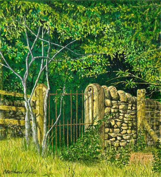 Into the Woods an original painting by Matthew Eyles showing a gate leading into the woods