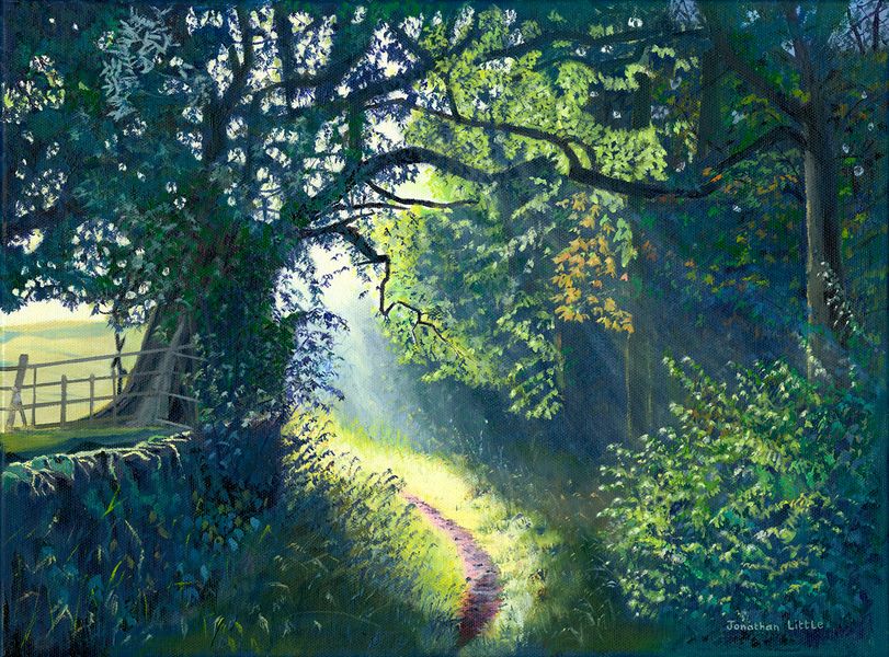 Early Morning Sun Through Trees by Jonathan Little. The oil painting captures the radiance of the early morning sunshine through the trees that illuminated everything in its path against the shadowy backdrop of the shaded trees.