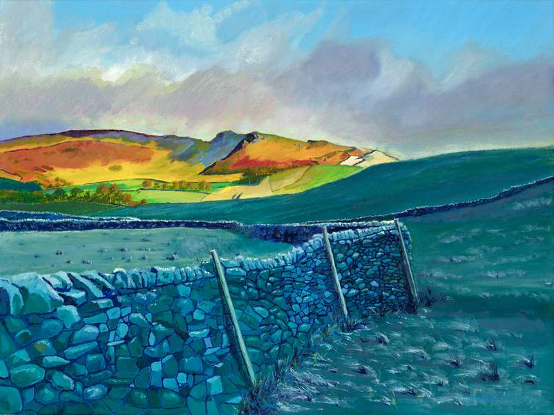 Late Sunshine on Frost by Jonathan Little, an original oil painting inspired by a winter walk when I decided I'd like the challenge of painting the subdued colours of an icy scene but then was treated to spectacular sight of a late January sun lighting up colours on the nearby Cracoe Fell contrasting heavy frost still in shade. The sun highlights Rhylstone Cross on Rhlystone Fell and Cracoe Obelisk. The Yorkshire dry stone wall is in shade.