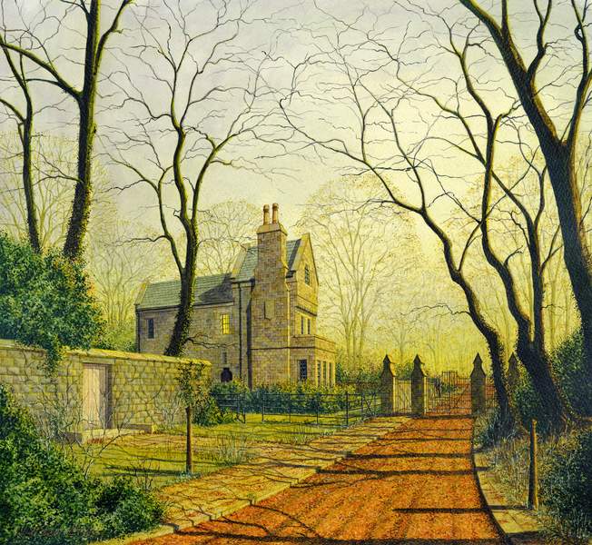 Leaving Milner Field an original painting my Matthew Eyles showing a gothic lodge in the autumn twilight