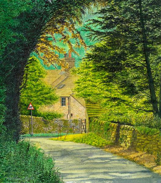 Into The Light an original painting by Matthew Eyles showing a country lane winding through summer trees