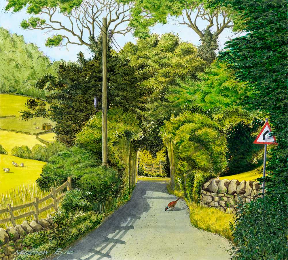 A Summer Evening on Stangs Lane - original landscape painting by Matthew Eyles showing a view down a country lane running between trees and hedges and including a pheasant in the foreground