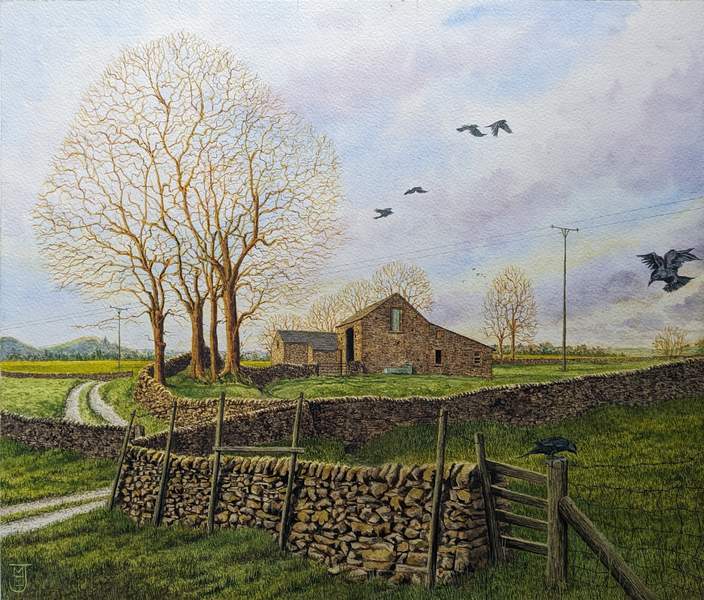 An original painting. Barns and a lane in the landscape
