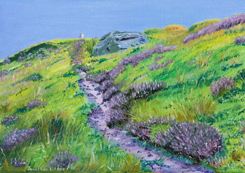 This original oil painting by Jonathan Little captures the final walk up to the trig point at the top of Sharp Haw past the heather and Yorkshire grit stone that is in the Yorkshire Dales.