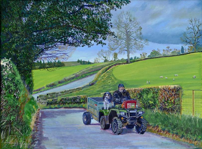 Ride to work by the landscape artist  Jonathan Little, an original oil painting showing a Yorkshire Dales Farmer on a quad bike with a sheep dog along a Yorkshire Dales lane with sheep in the background, dales and trees in a rolling Yorkshire Landscape. Collie dogs are a popular breed in the Yorkshire Dales, used by shepherds and a valuable asset to sheep farmers.