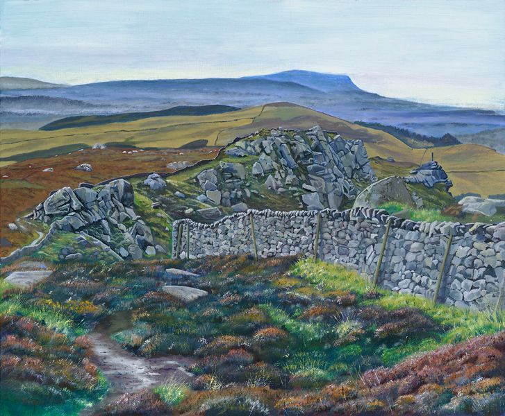 Rylstone Crag by Jonathan Little. This oil painting captures Rylstone Crag, Rylstone Fell and Rylstone Cross from Cracoe Fell.