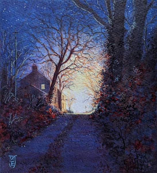 An original painting by Matthew Eyles showing headlights through trees on a country lane