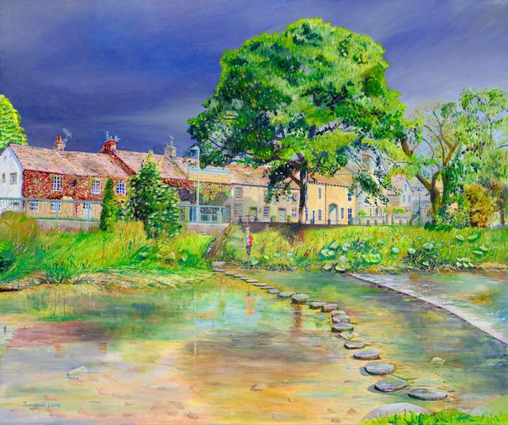 Stepping Stones Painting by Jonathan Little, shows a storm brewing above the Gargrave stepping stones on the river Aire, Airedale.