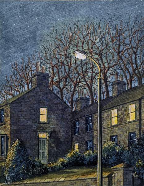 Streetlight original painting by Matthew Eyles showing a nighttime scene in a town, lit by a streetlight