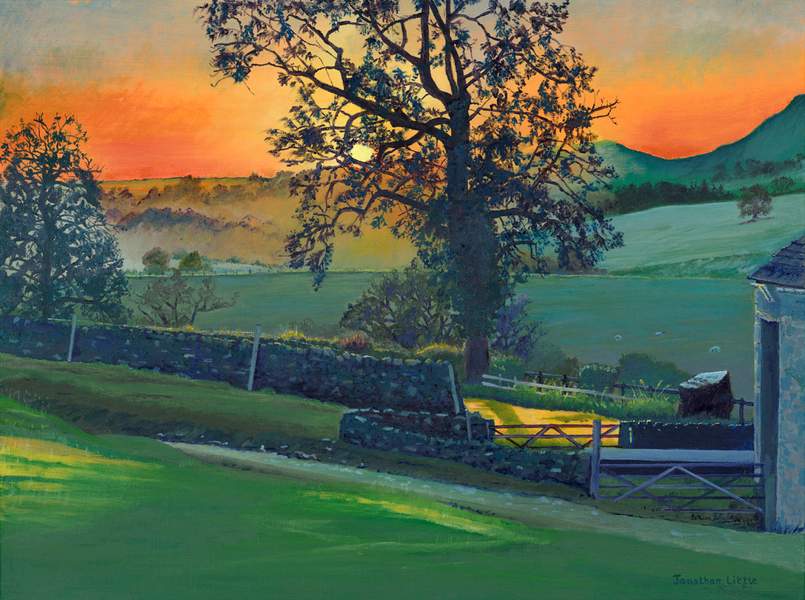 Sunrise original oil painting by Jonathan Little showing the sun filtering through an ash tree and highlight patches in the fields and tops of Yorkshire dry stone walls with a Yorkshire stone barn and sheep in the fields with Flasby Moor Side farm in the distance along with Cracoe Fell.