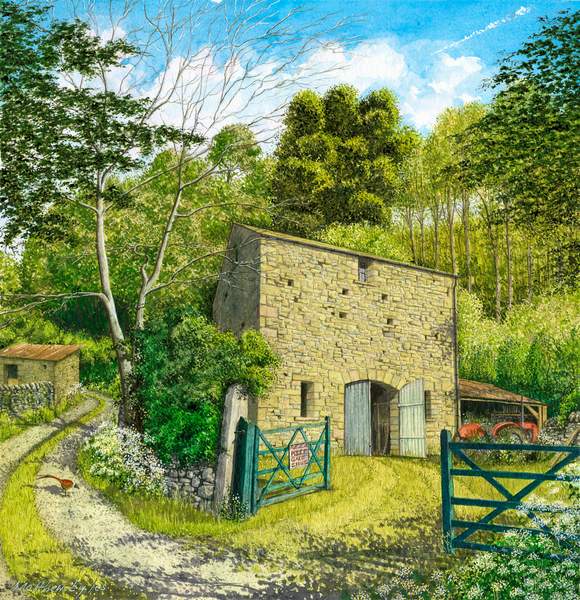The Tall Barn and the Red Tractor an original painting by Matthew Eyles showing a Yorkshire barn and a red tractor with woods behind