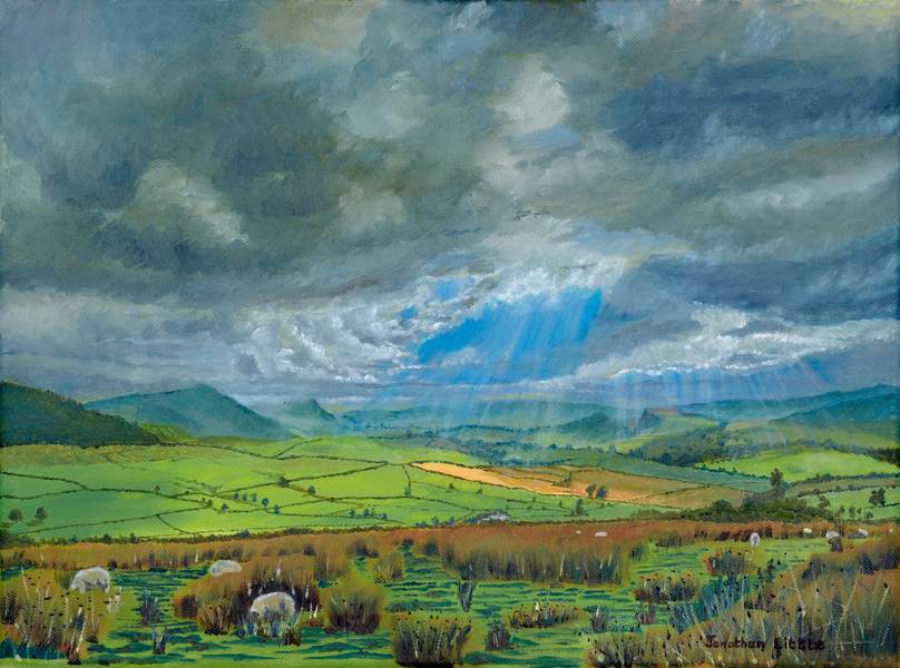 Embsay from Sharp Haw by Jonathan Little. An early morning walk over Sharp Haw in the Yorkshire Dales revealed an incredible sky with the sunshine streaming through a cloud break and lighting up the surrounding fields in an amazing array of colours as we looked over Airedale towards Embsay in the Yorkshire Dales. The original oil painting is by the Yorkshire artist Jonathan Little