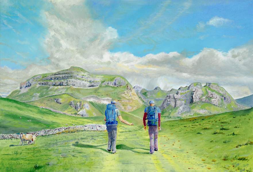 An original oil painting by Jonathan Little Inspired by a walk into Attermire Scar from the Kirby Malham to Settle road for a days climbing with friends. It's a beautiful walk in watching the panoramic view of the crag unfold, and what is often the case in the Yorkshire Dales, interesting cloud formations on a sunny day. A good days climbing on Yorkshire Northern limestone on a UK Crag climbing