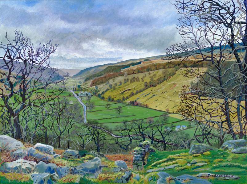 An original oil painting by Jonathan Little, a Yorkshire Dales landscape artist painting. I always enjoy walking in Wharfedale and this particular walk up Buckden Pike from Buckden via Yockenthwaite and Cray in March offered a panoramic view of the dale. The trees were still bare of leaves which opened up a glorious view down the dale with all its seasonal colours.